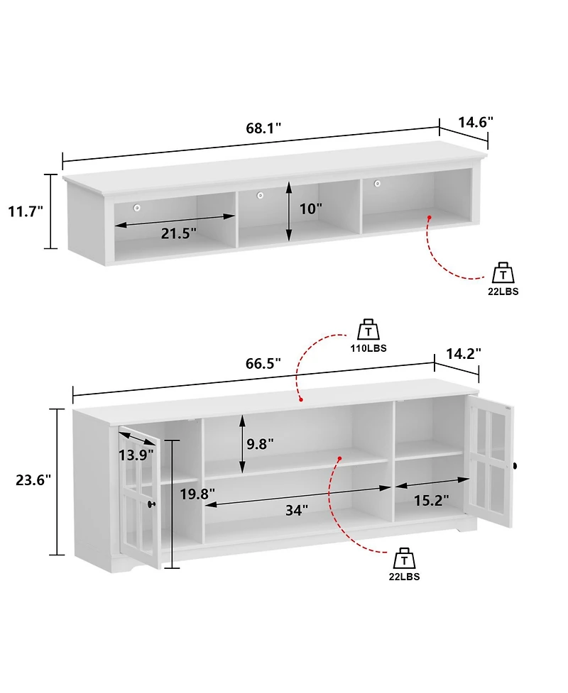 White Tv stand with top cabinets, entertainment center with tempered glass doors, wooden media console