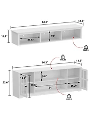 White Tv stand with top cabinets, entertainment center with tempered glass doors, wooden media console