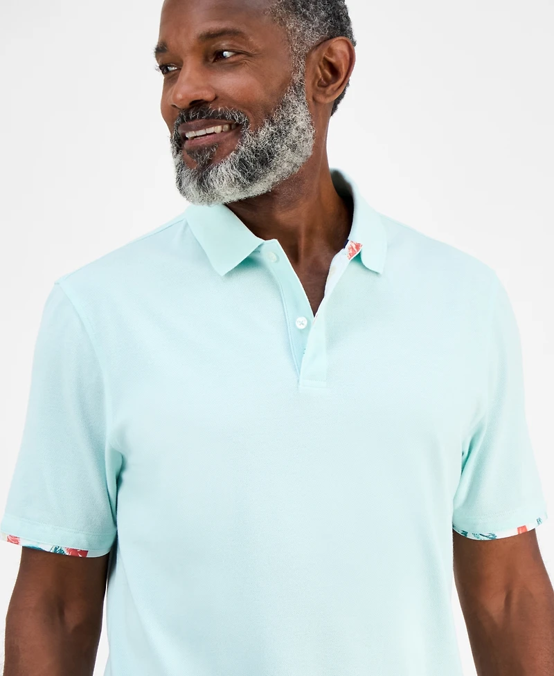 Club Room Men's Short Sleeve Printed-Trim Woven Performance Polo Shirt, Exclusively at Macy's