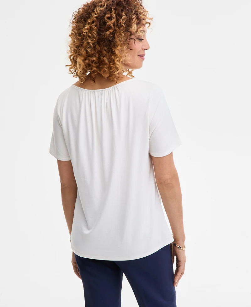 Jm Collection Women's Solid Pleat Neck Short-Sleeve Top, Exclusively at Macy's