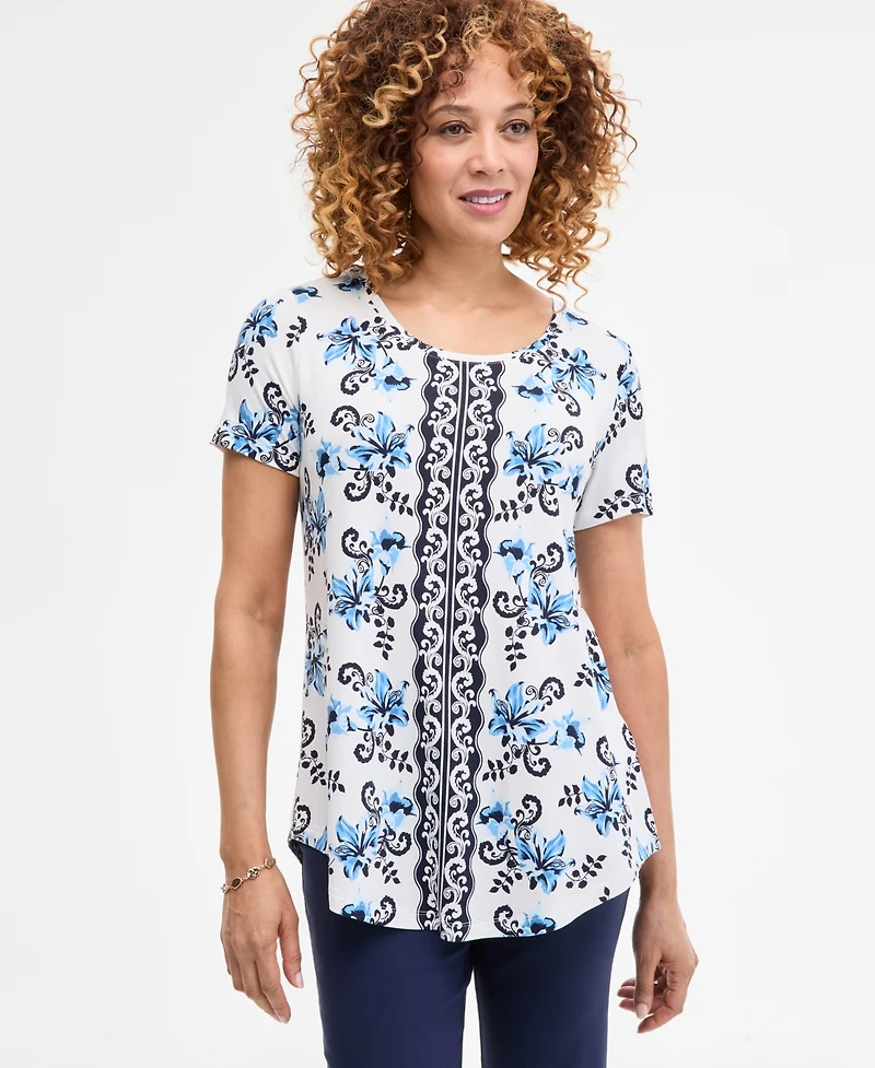 Jm Collection Women's Printed Scoop-Neck Short Sleeve Top, Exclusively at Macy's