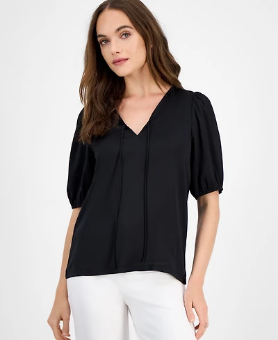 Anne Klein Women's Puff-Sleeve V-Neck Tie-Front Top