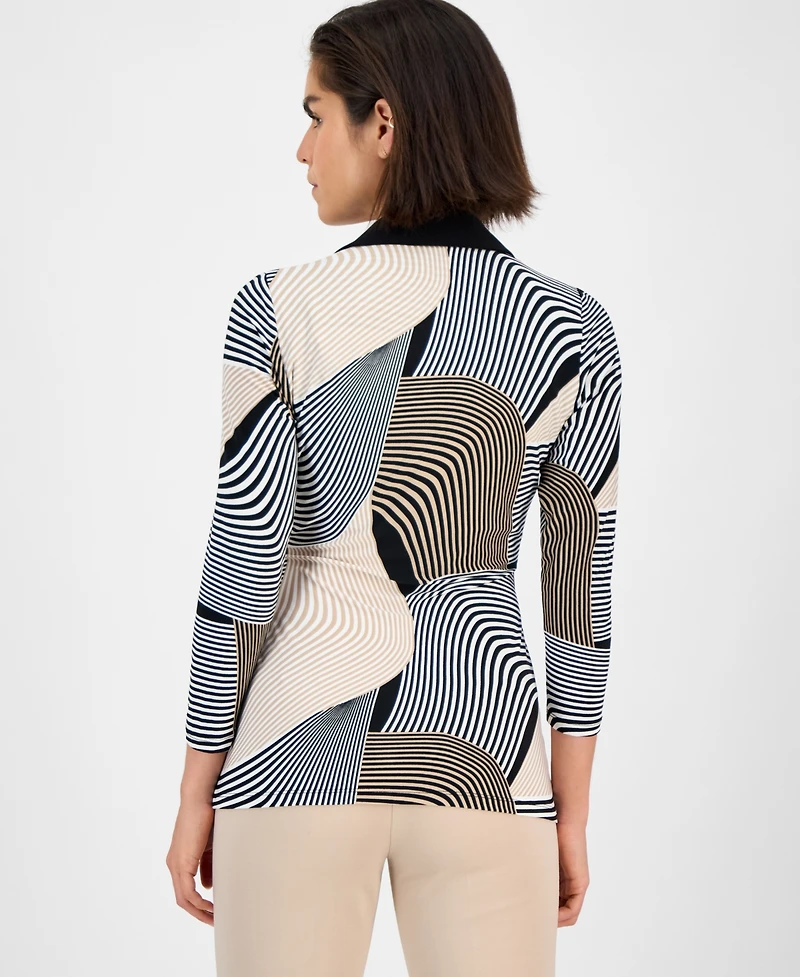 Anne Klein Women's Geo-Print 3/4-Sleeve Wrap Top