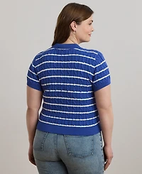 Lauren Ralph Plus Striped Cable-Knit Cotton Polo Sweater