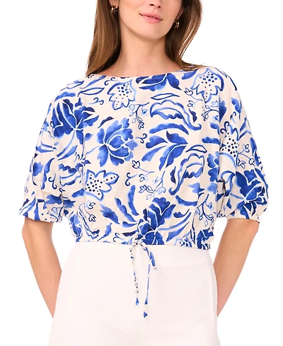 Sam & Jess Petite Printed Boat-Neck Elbow-Sleeve Top