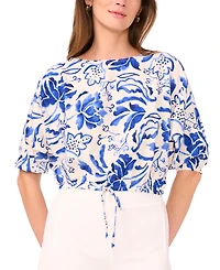 Sam & Jess Petite Printed Boat-Neck Elbow-Sleeve Top