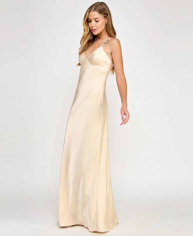 Seni & Cade Juniors' Satin Chain-Trim Long Dress