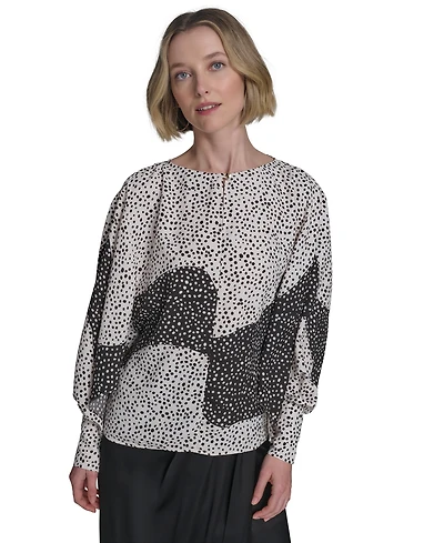 Halston Women's Printed Boat-Neck Blouson-Sleeve Top