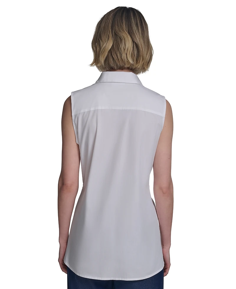Halston Women's Cotton Tie-Waist Button-Front Sleeveless Blouse