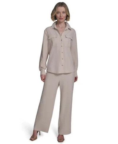 Halston Womens Collared Roll Tab Button Up Shirt Womens Drawstring Pull On Wide Leg Pants