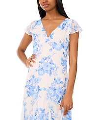 CeCe Women's Printed V-Neck Flutter-Sleeve Chiffon Dress