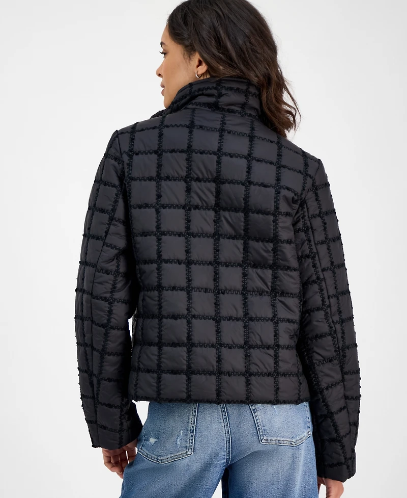 CeCe Women's Short Boucle Windowpane Quilted Coat