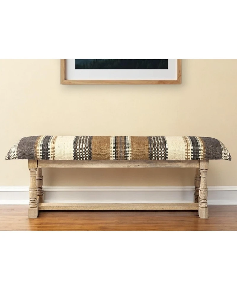Striped Jute Upholstered Accent Bench for Living Room or Hallway