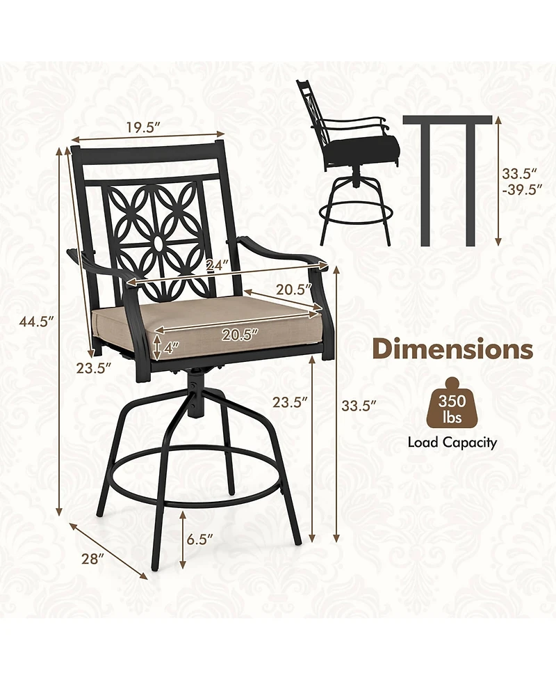 Outdoor 360°Swivel Bar Stools Set of 4 with Seat Cushions High Back & Armrests