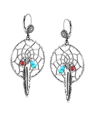 Sterling Silver Kingman Turquoise and Red Coral Dreamcatcher Feather Dangle Earrings