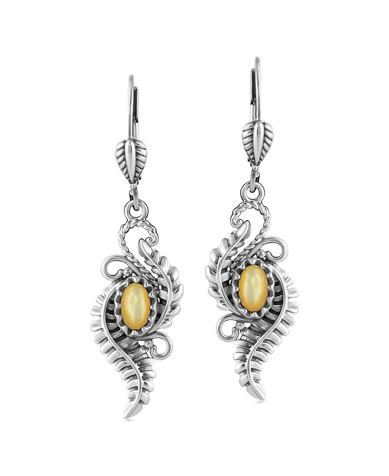 Sterling Silver Yellow Mother of Pearl Vine and Leaf Dangle Earrings