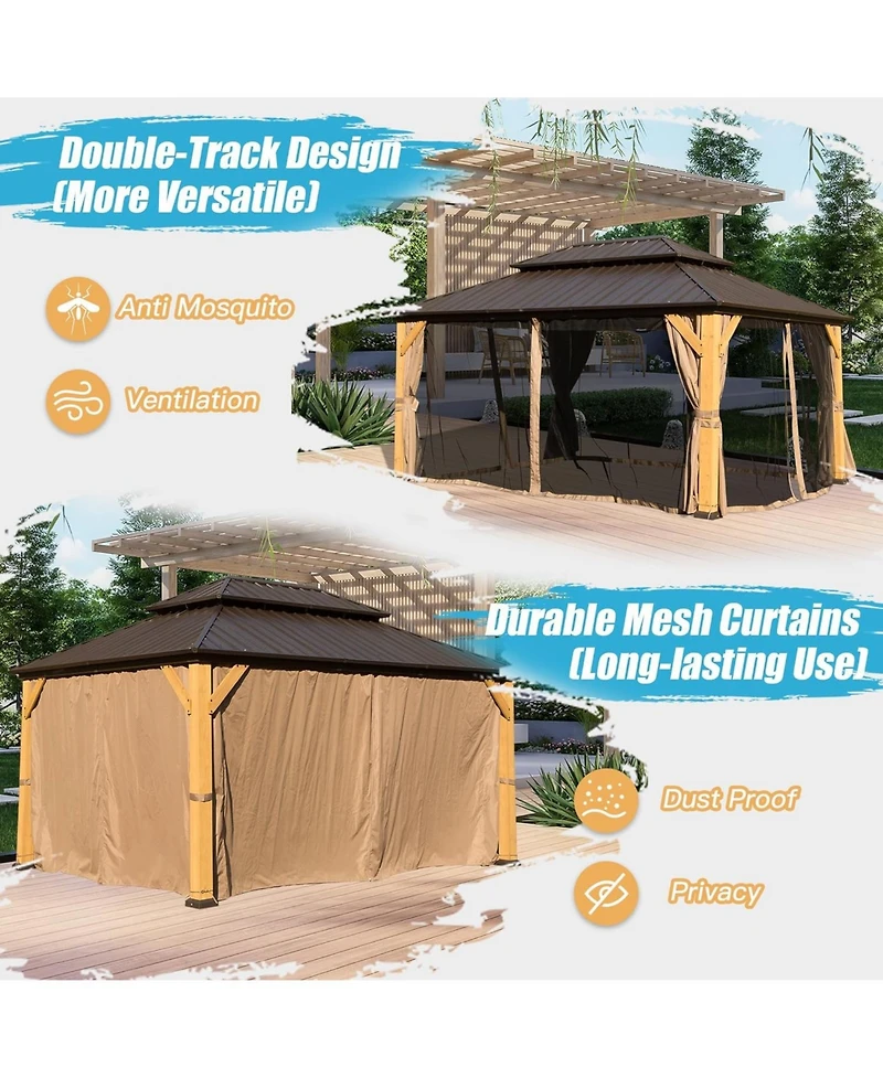 10x14FT Cedar Wood Gazebo, Solid Wood Hardtop Gazebo with Galvanized Steel Double Roof, Netting & Curtains, Outdoor Gazebo