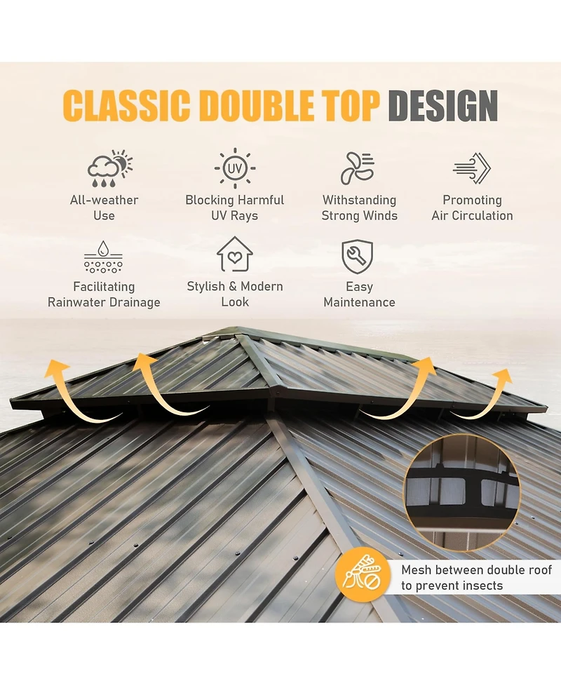 Outdoor Living 14x20FT Hardtop Gazebo, Permanent Metal Gazebo with Galvanized Steel Double Roof and Aluminum Frame, Curtain and Netting, Large Pavilio
