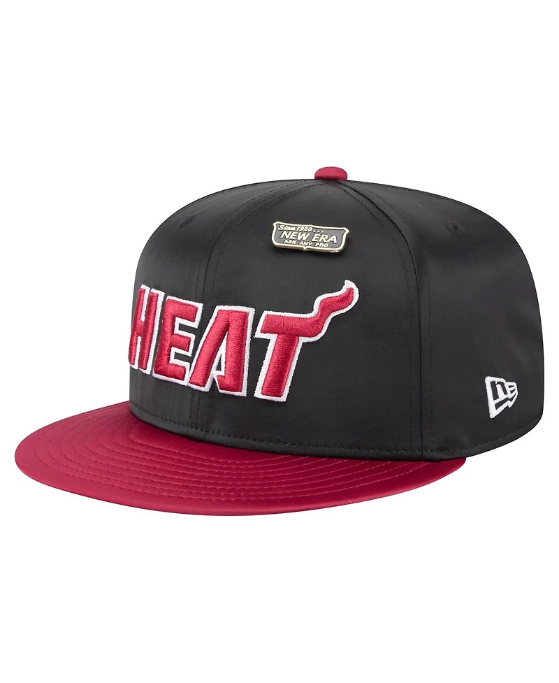 New Era Men's Black/Red Miami Heat Throwback Satin Vintage Pin Two-Tone 59FIFTY Fitted Hat