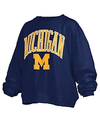 Pressbox Women's Navy Michigan Wolverines Janise Arch Over Logo Waist Length Oversized Pullover Sweatshirt