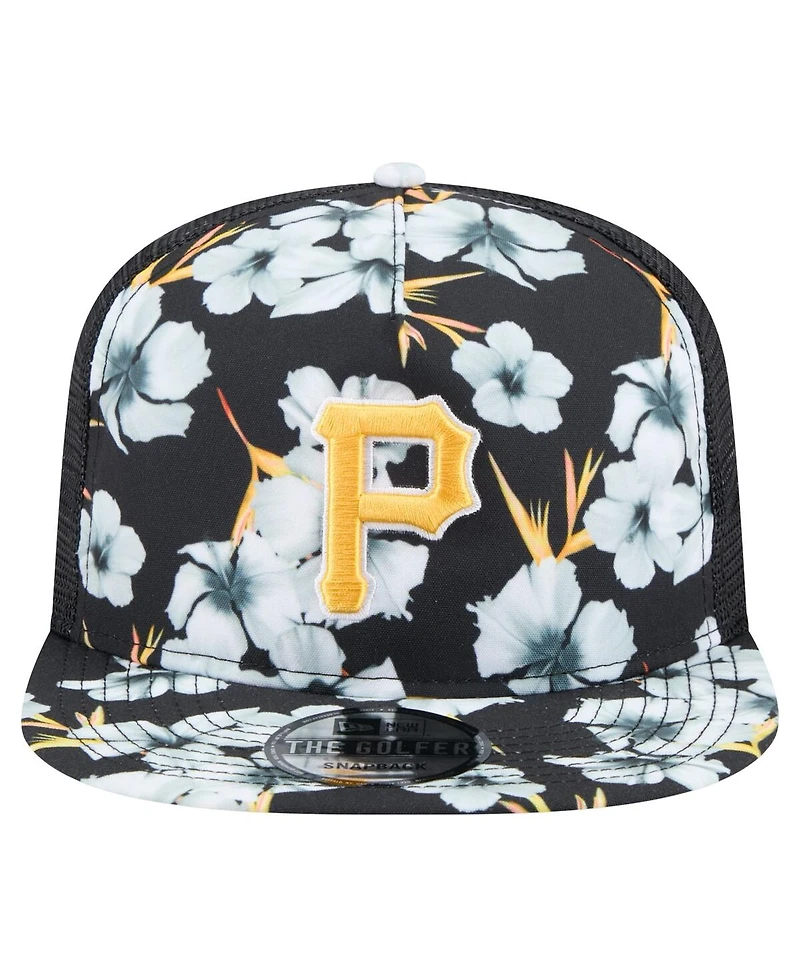 New Era Men's Black Pittsburgh Pirates Adventure Pattern Golfer Trucker Snapback Hat