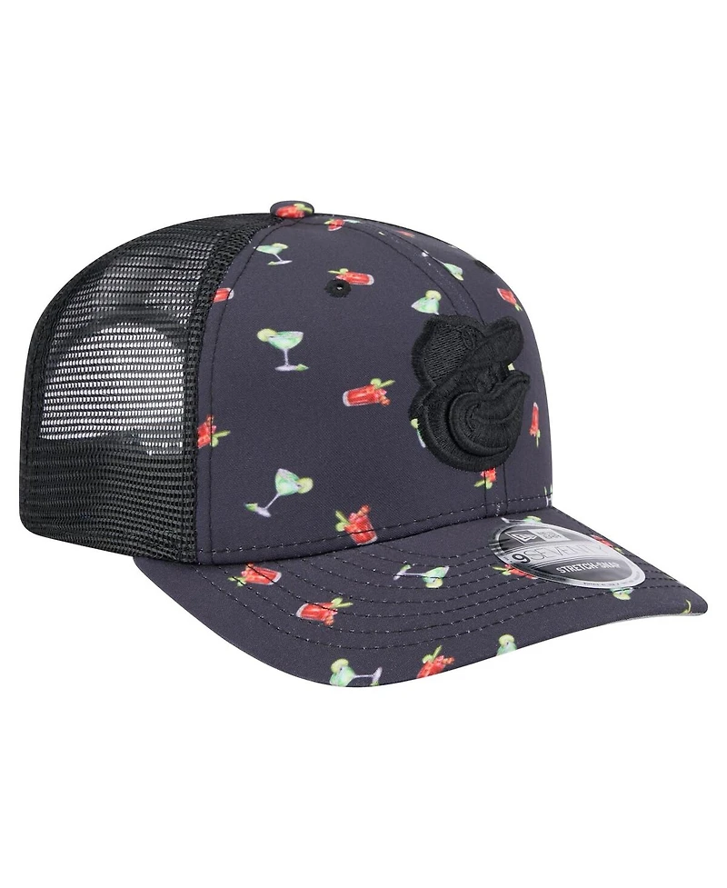 New Era Men's Black Baltimore Orioles Adventure Drinks Pattern 9SEVENTY Stretch-Snap Hat
