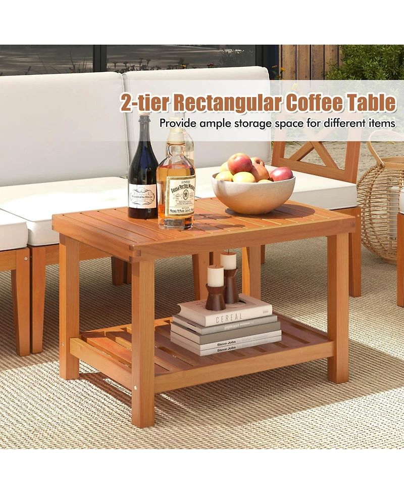 5 Pcs Acacia Wood Patio Furniture Set with Cushions and 2-Tier Coffee Table