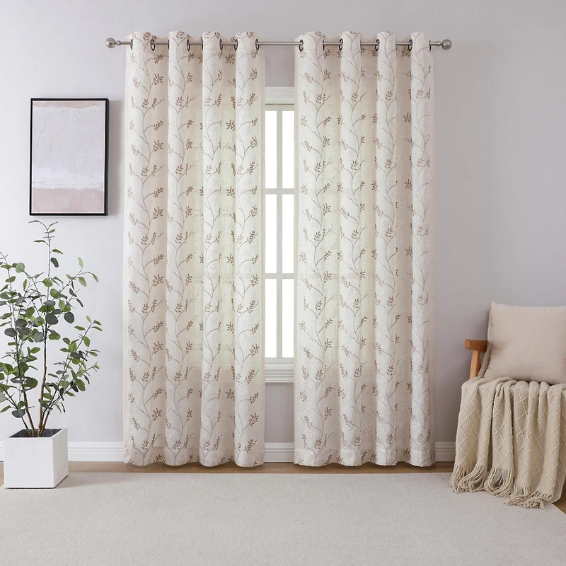 Kate Aurora 1 Piece Vanessa Floral Embroidered Linen Blend Semi Sheer Grommet Window Curtain Panel