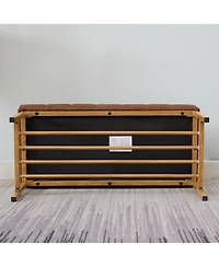 Modern Upholstered End of Bed Bench with Storage Shelf and Metal Legs Tufted Shoe Bench for Bedroom Entryway Living Room or Hallway Seating-The Pop Ho