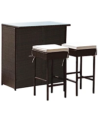 3PCS Patio Rattan Wicker Bar Table Stools Dining Set Cushioned