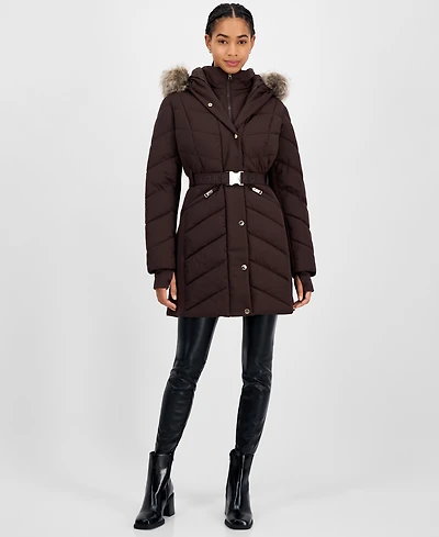 Michael Kors Women's Faux-Fur-Trim Hooded Belted Puffer Coat