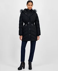 Michael Kors Women's Faux-Fur-Trim Hooded Belted Puffer Coat