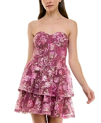 Trixxi Juniors' Printed Strapless Embroidered Tiered Dress