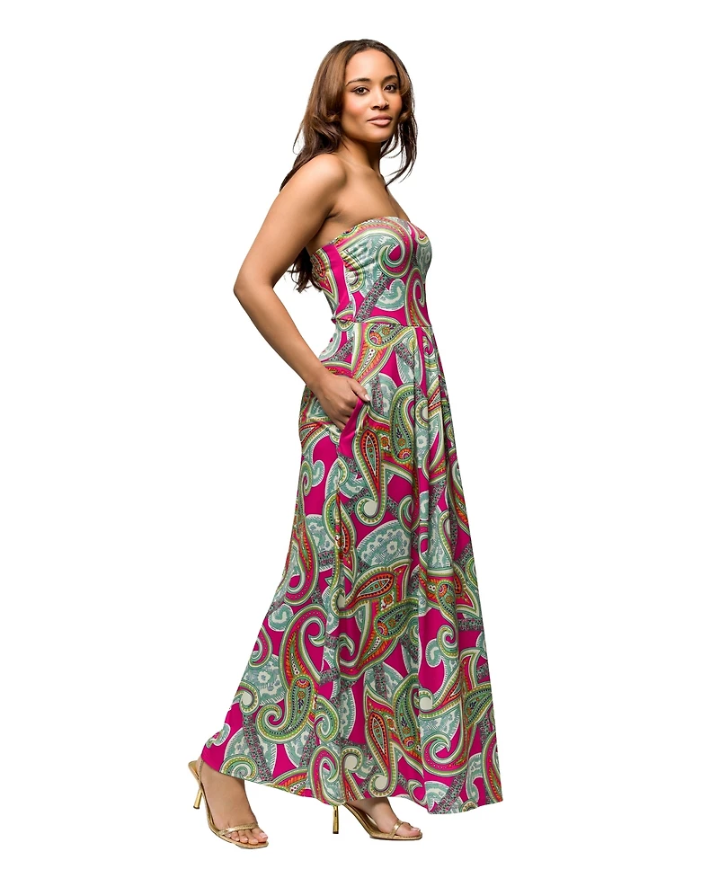 24seven Comfort Apparel Women's Pink Paisley A Line Strapless Maxi Dress with Pockets