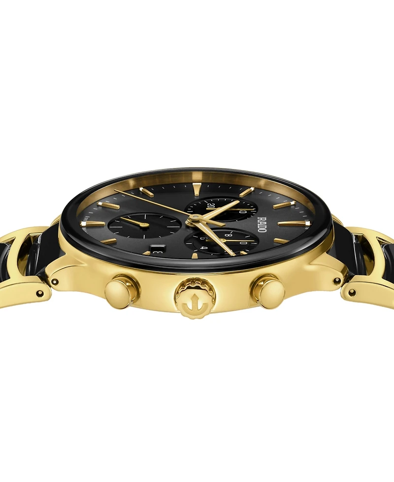 Rado Unisex Swiss Chronograph Centrix Black Ceramic & Gold Pvd Stainless Steel Bracelet Watch 41mm