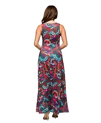24seven Comfort Apparel Women's Pink and Brown Print Scoop Neck A Line Sleeveless Maxi Dress