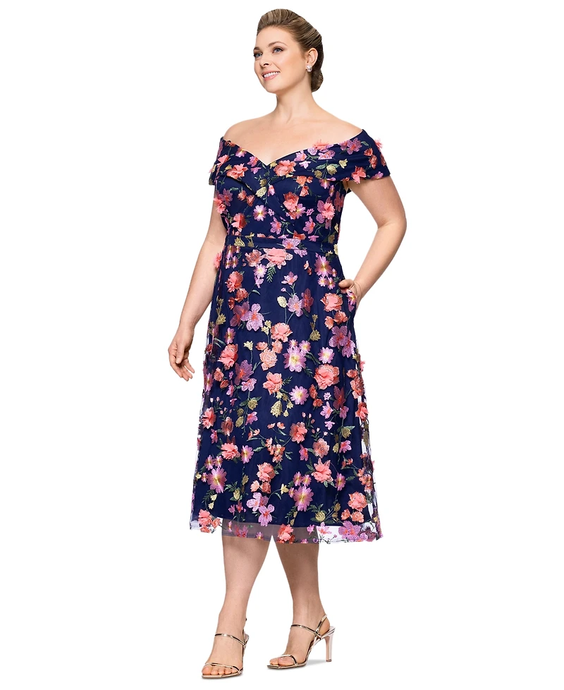 Xscape Plus 3D-Floral Embroidered Off-The-Shoulder Dress