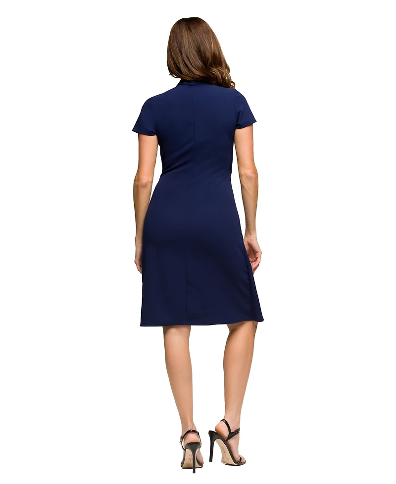 24seven Comfort Apparel Women's Mandarin Collar Knee Length Wrap Dress