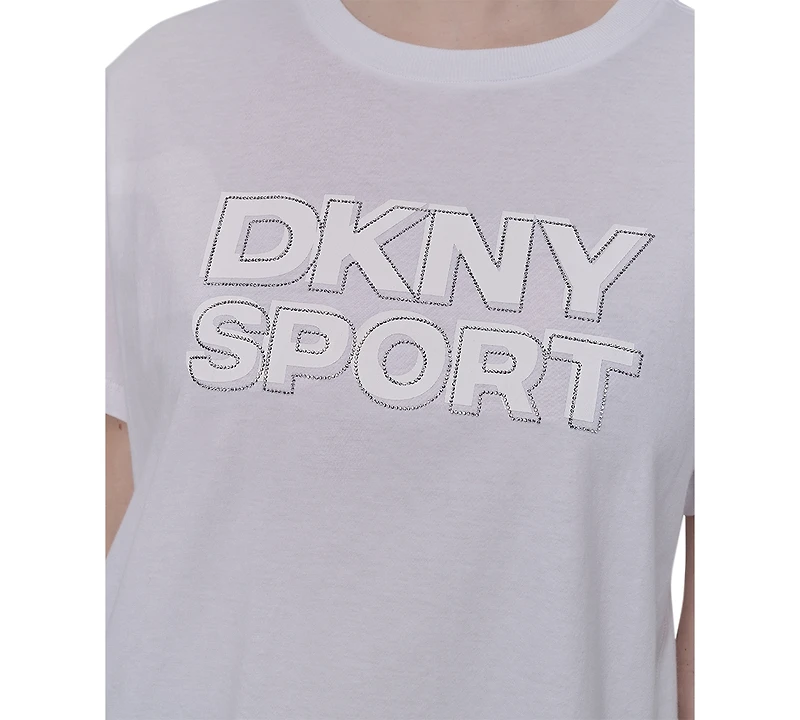 Dkny Sports Women's Rhinestone-Logo Drop-Shoulder T-Shirt