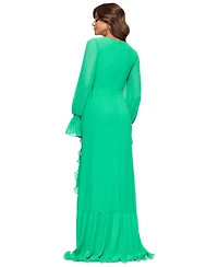 Xscape Women's V-Neck Ruffle-Trim Slit-Front Chiffon Gown
