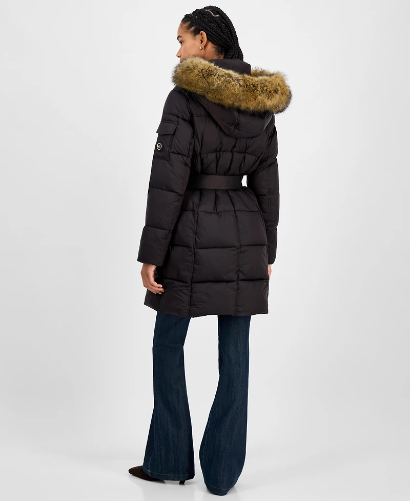 Michael Kors Women's Belted Hooded Faux-Fur-Trim Puffer Coat, Exclusively at Macy's