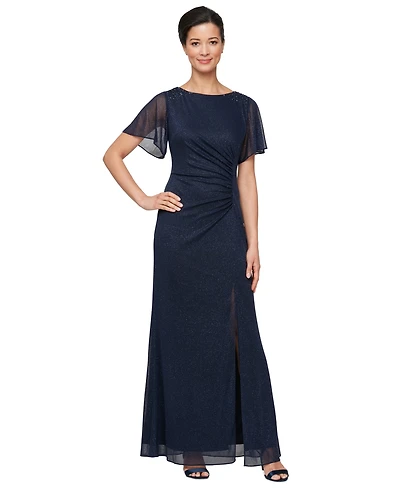 Sl Fashions Petite Flutter-Sleeve Embellished Glitter Gown