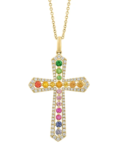 Effy Multi-Sapphire (3/4 ct. t.w.), Green Garnet (1/6 ct. t.w.) & Diamond (1/2 ct. t.w.) Cross 18" Pendant Necklace in 14k Gold