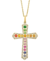 Effy Multi-Sapphire (3/4 ct. t.w.), Green Garnet (1/6 ct. t.w.) & Diamond (1/2 ct. t.w.) Cross 18" Pendant Necklace in 14k Gold