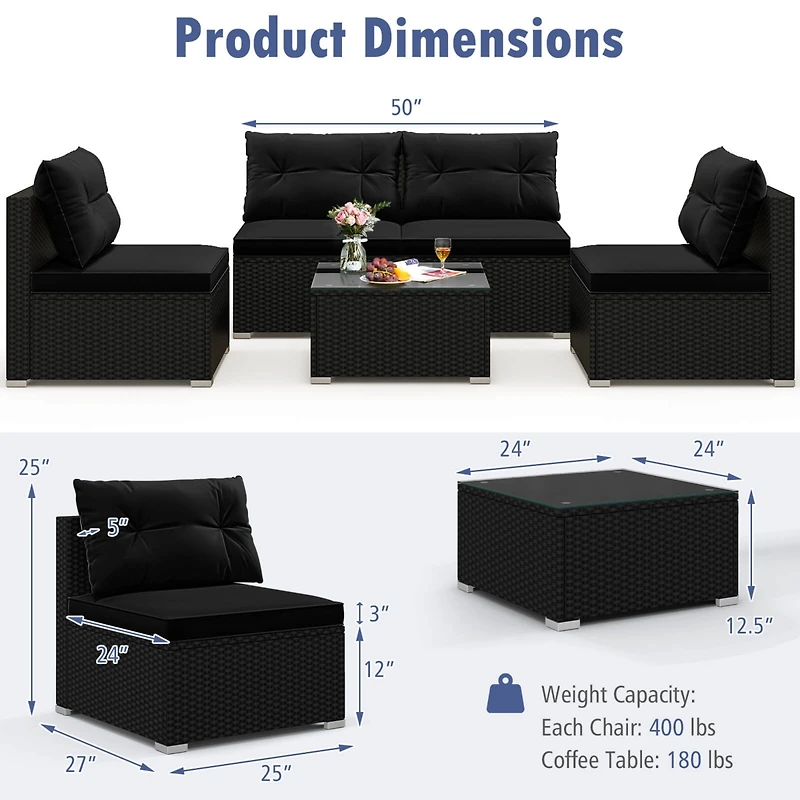 5 Piece Outdoor Furniture Set with Seat & Back Cushions Tempered Glass Tabletop