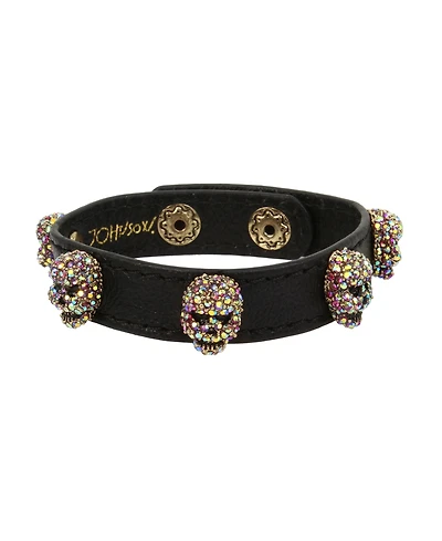 Betsey Johnson Faux Stone Pave Skull Leather Snap Bracelet
