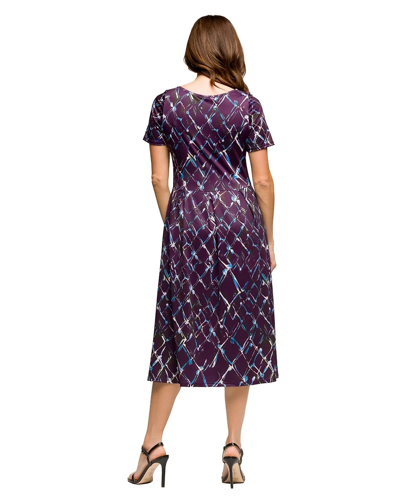 24seven Comfort Apparel Women's Purple Print Short Sleeve Pleated Flare Midi Pocket Dress