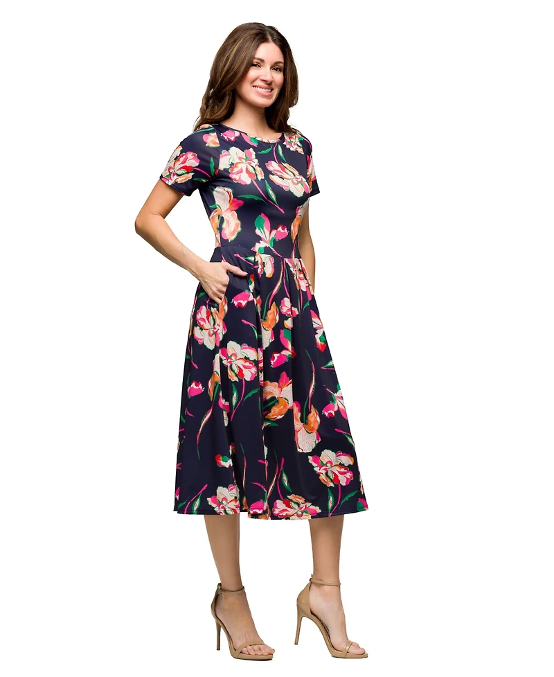 24seven Comfort Apparel Women's Navy Floral Short Sleeve Pleated Flare Midi Pocket Dress