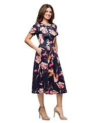 24seven Comfort Apparel Women's Navy Floral Short Sleeve Pleated Flare Midi Pocket Dress