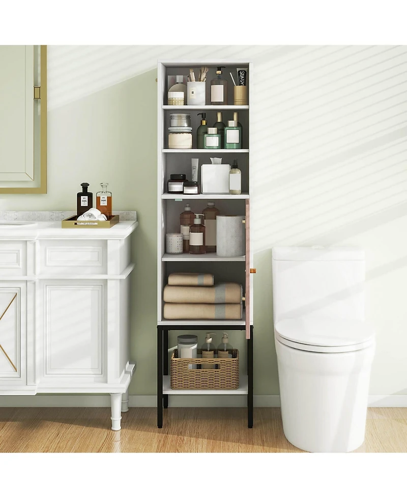 57" Bathroom Tall Cabinet with 1 Door and 4 Shelves Freestanding Floor Cabinet